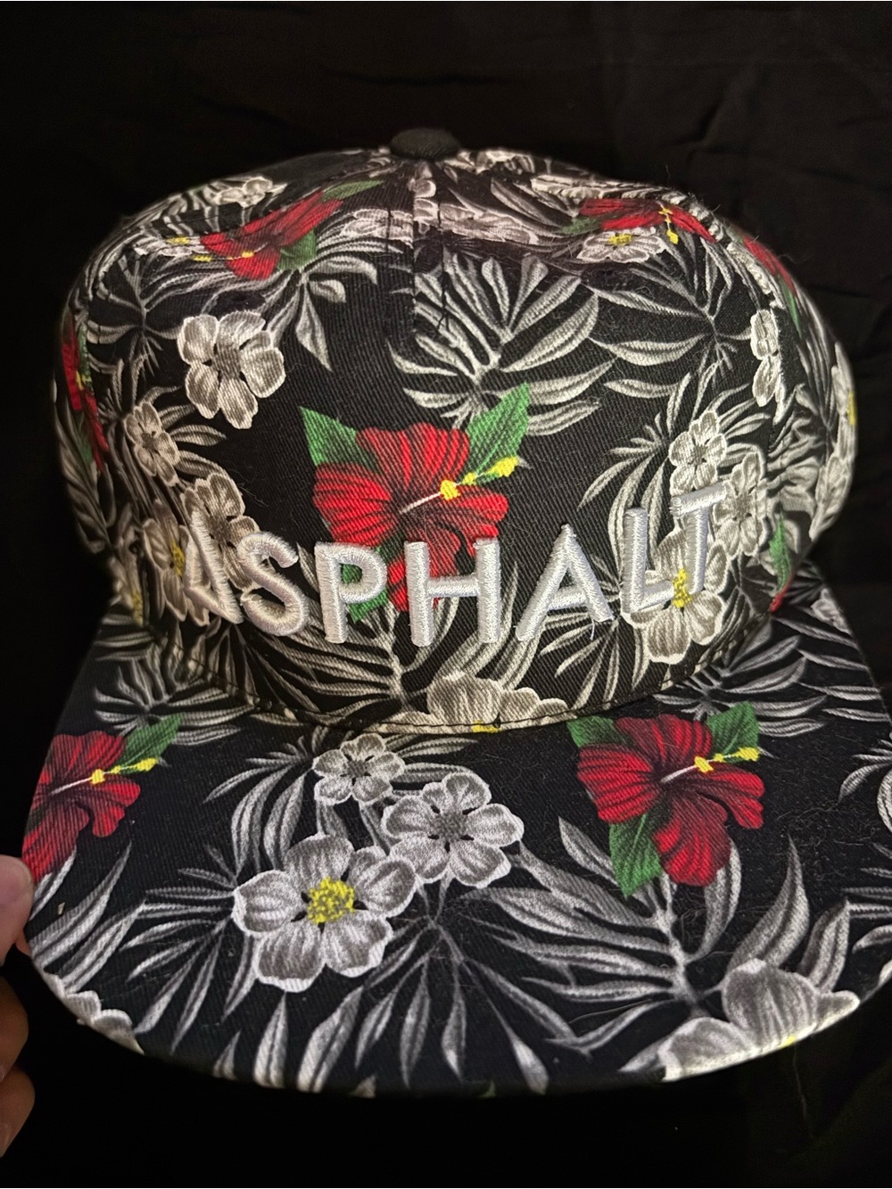 Asphalt Black Snapback Hat with Red, White & Green Floral Print
